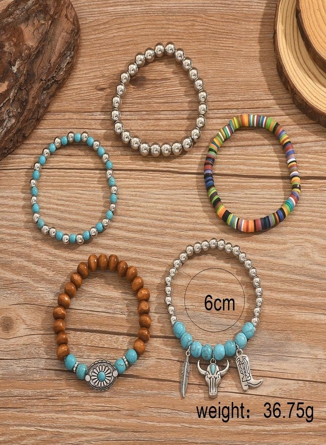 LOTSOF Western Turquoise Beaded Bracelet, Boho Stack Jewelry, Country Concert Cowgirl Style (Bull Head Style 5PCS) - Image 4